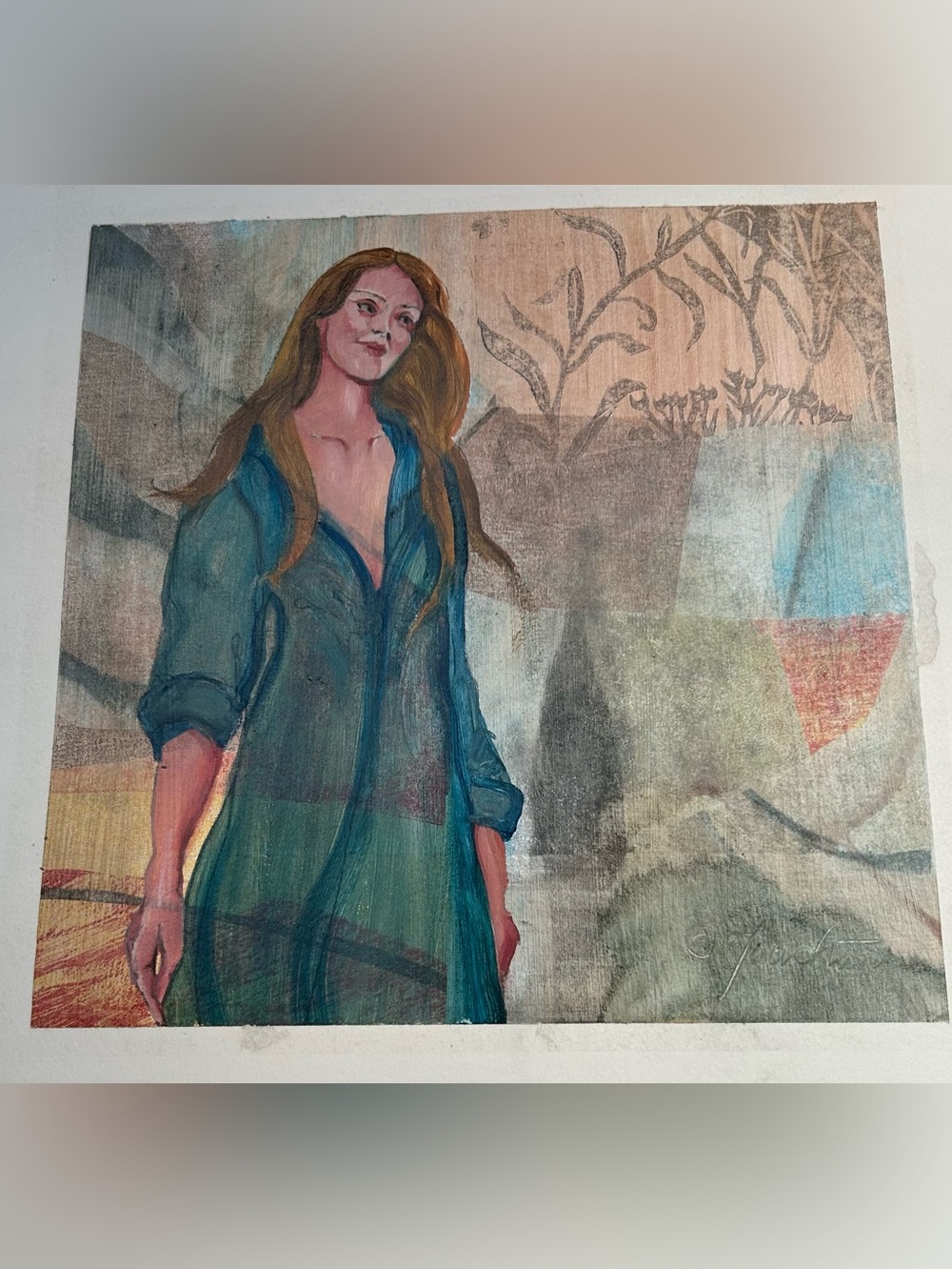 Original Figurative Painting - Woman in Teal Dress 12x12”
